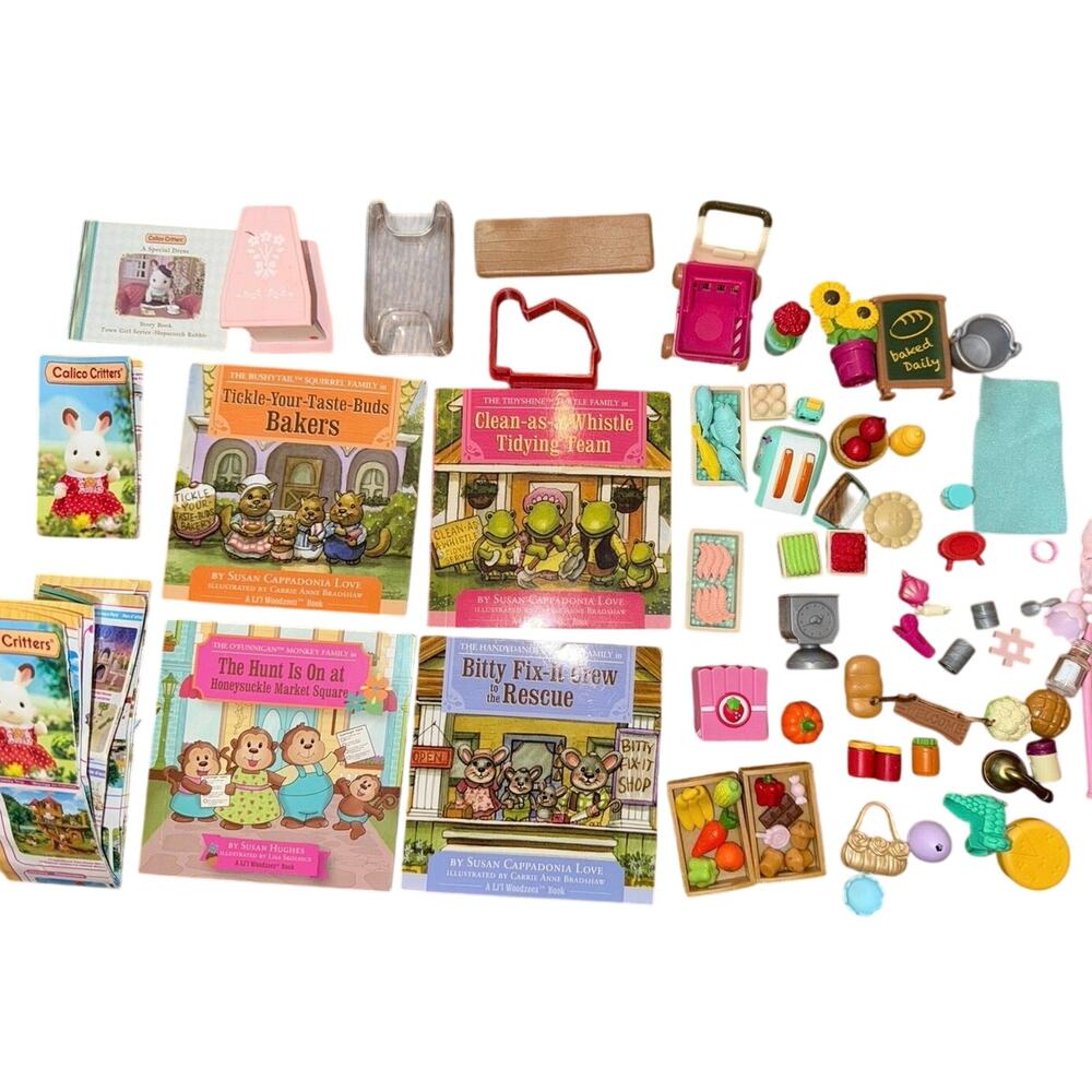 Calico critters & Little Woodzeez Lot of food Bakery, cars, books farmers market